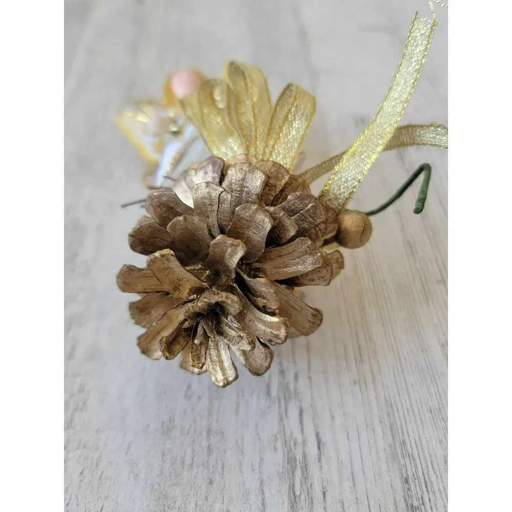 Vintage wooden angel pine cone golden ornament‎ Xmas decor trumpet